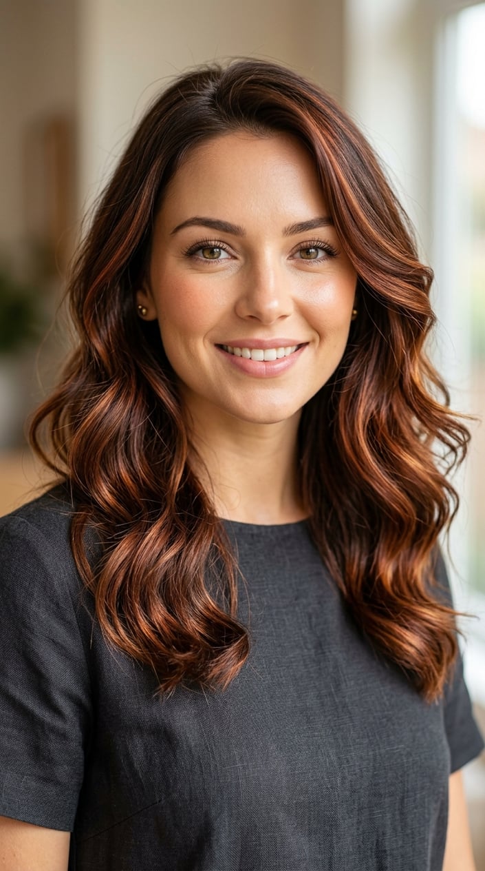 Close-up of a woman with chestnut brown hair and auburn highlights, smiling gently.