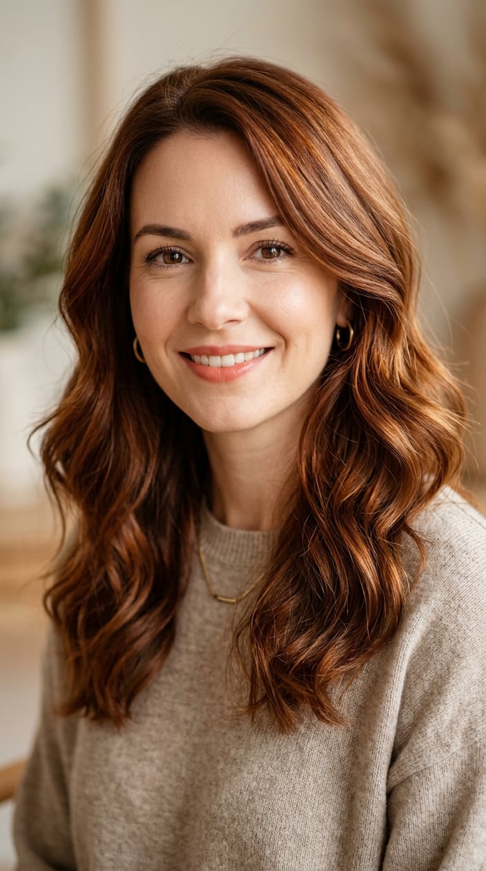 Close-up of a woman with shiny cinnamon brown hair styled in soft waves, smiling gently against a warm, blurred background.