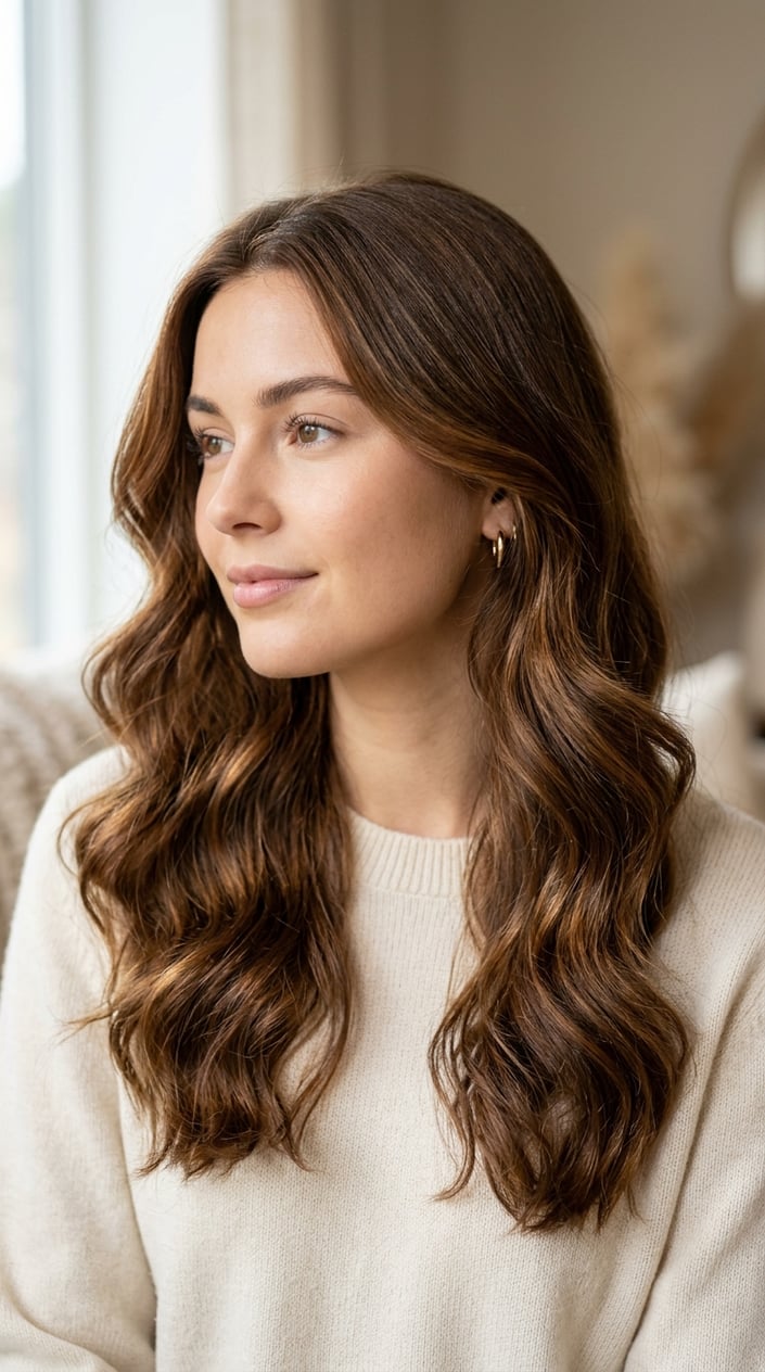 Close-up of a woman with soft, wavy toffee brown hair and a calm expression.
