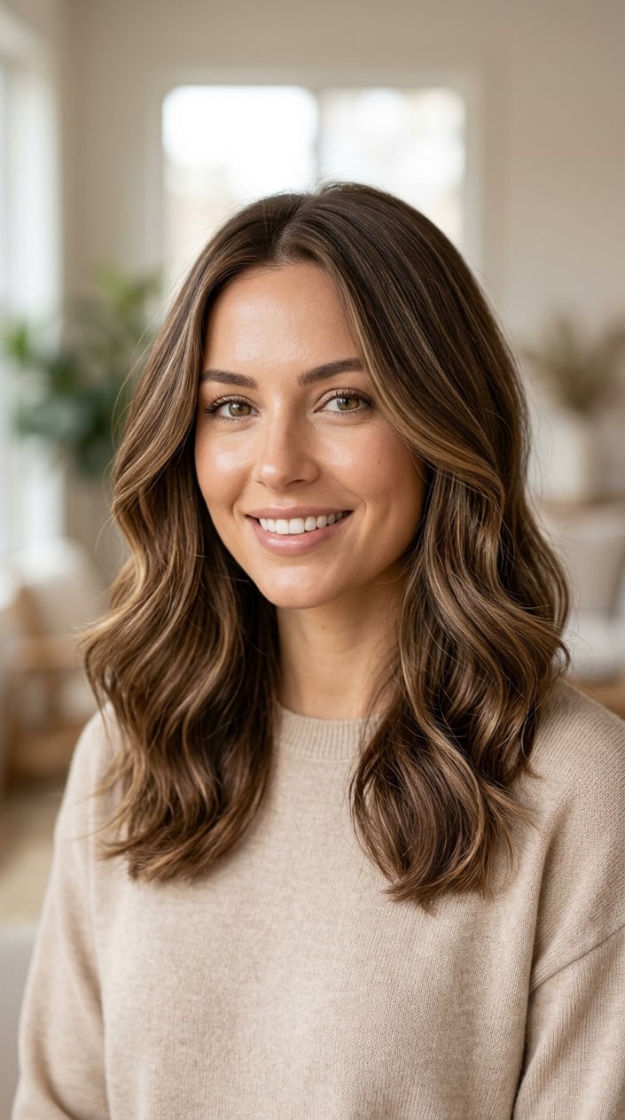 Close-up portrait of a woman with wavy walnut brown hair and soft lighter highlights, smiling gently against a blurred neutral background.
