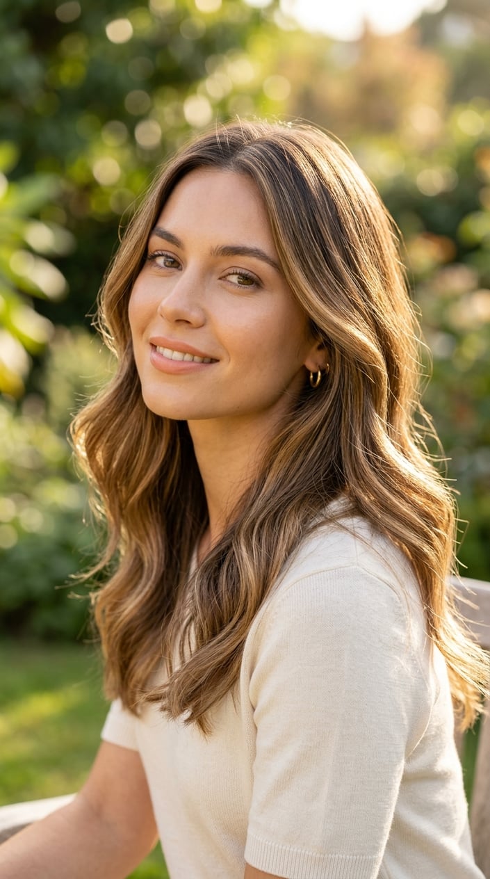 Close-up of a woman with bronde brown hair illuminated by warm sunlight, showing a natural hair color blend.