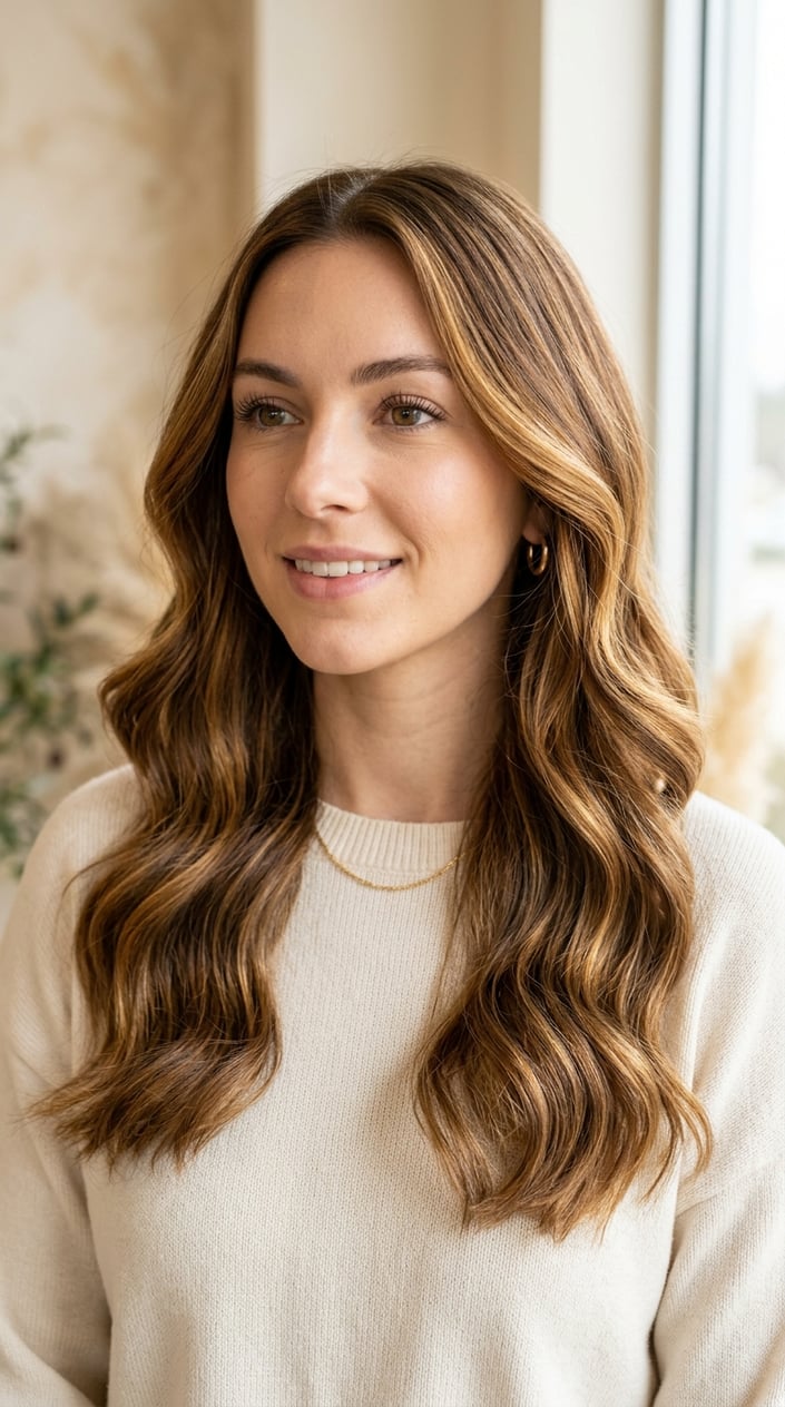 Close-up of a woman with wavy hazelnut brown hair with golden highlights against a soft blurred background.