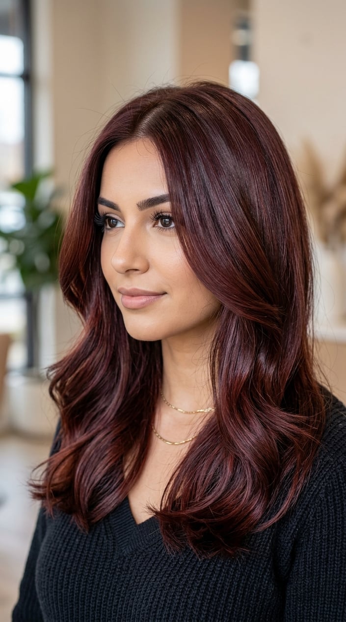 Close-up of a woman with smooth mahogany brown hair showing rich red-violet tones.