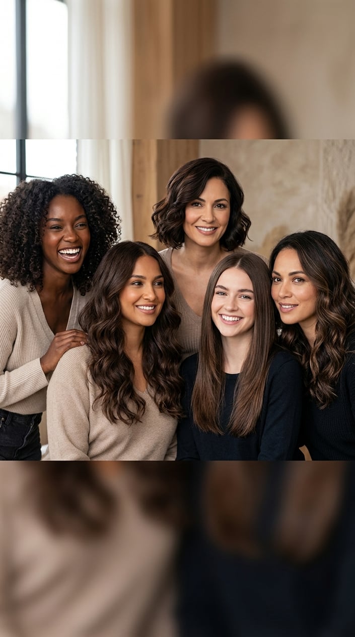 A group of women with different smoky cocoa brown hair colors and hairstyles posing together.