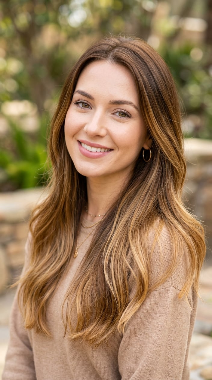 Close-up of a smiling woman with honey brown ombré hair against a neutral background.