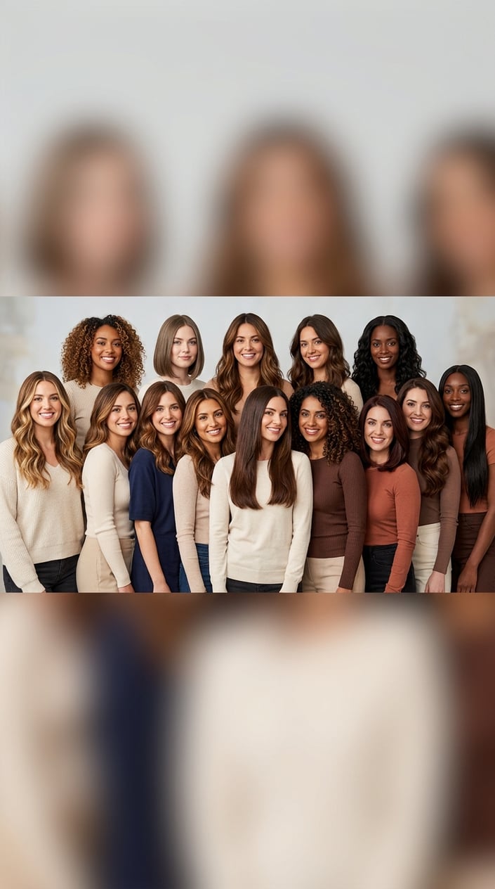 A group of women with various shades of brown hair posing together in a studio setting.