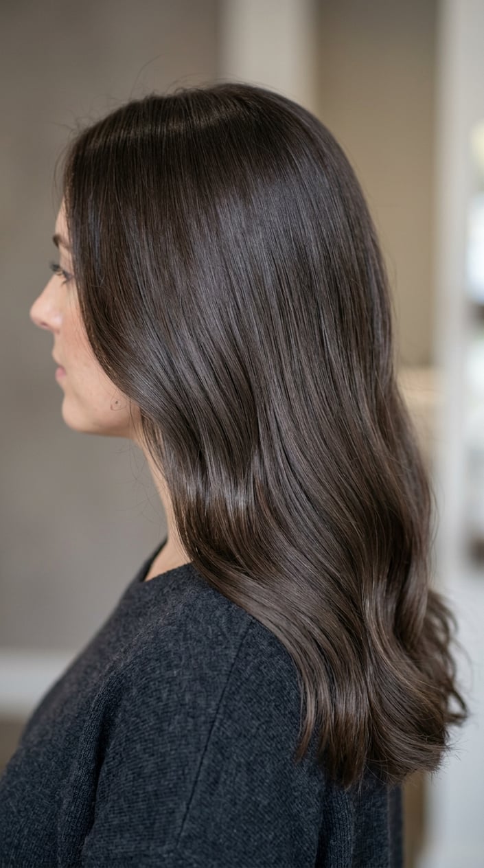 Close-up of a woman's cool-toned espresso brown hair with an ash finish, showing smooth and shiny hair texture.