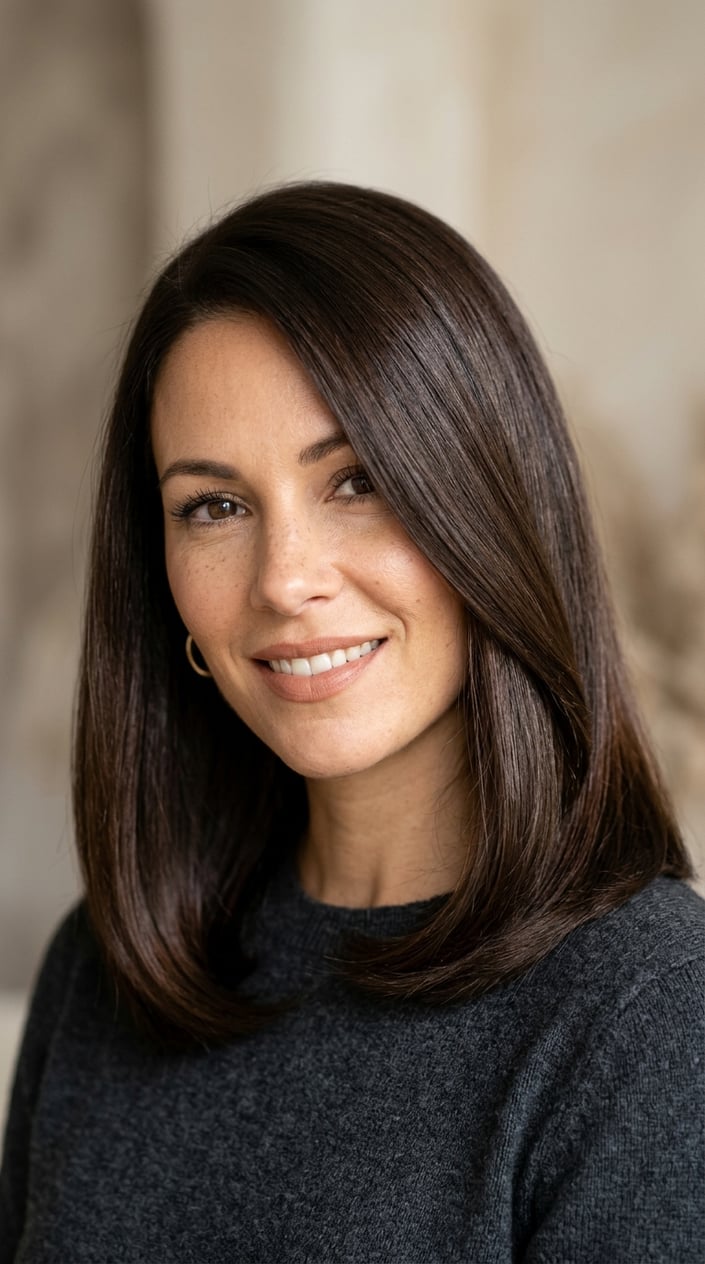 Close-up of a woman with smooth, shiny espresso brown hair against a neutral background.
