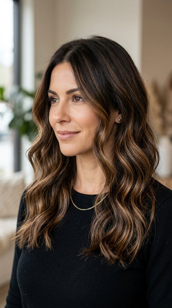 Close-up of a woman with dark brown hair featuring soft caramel highlights styled in loose waves.