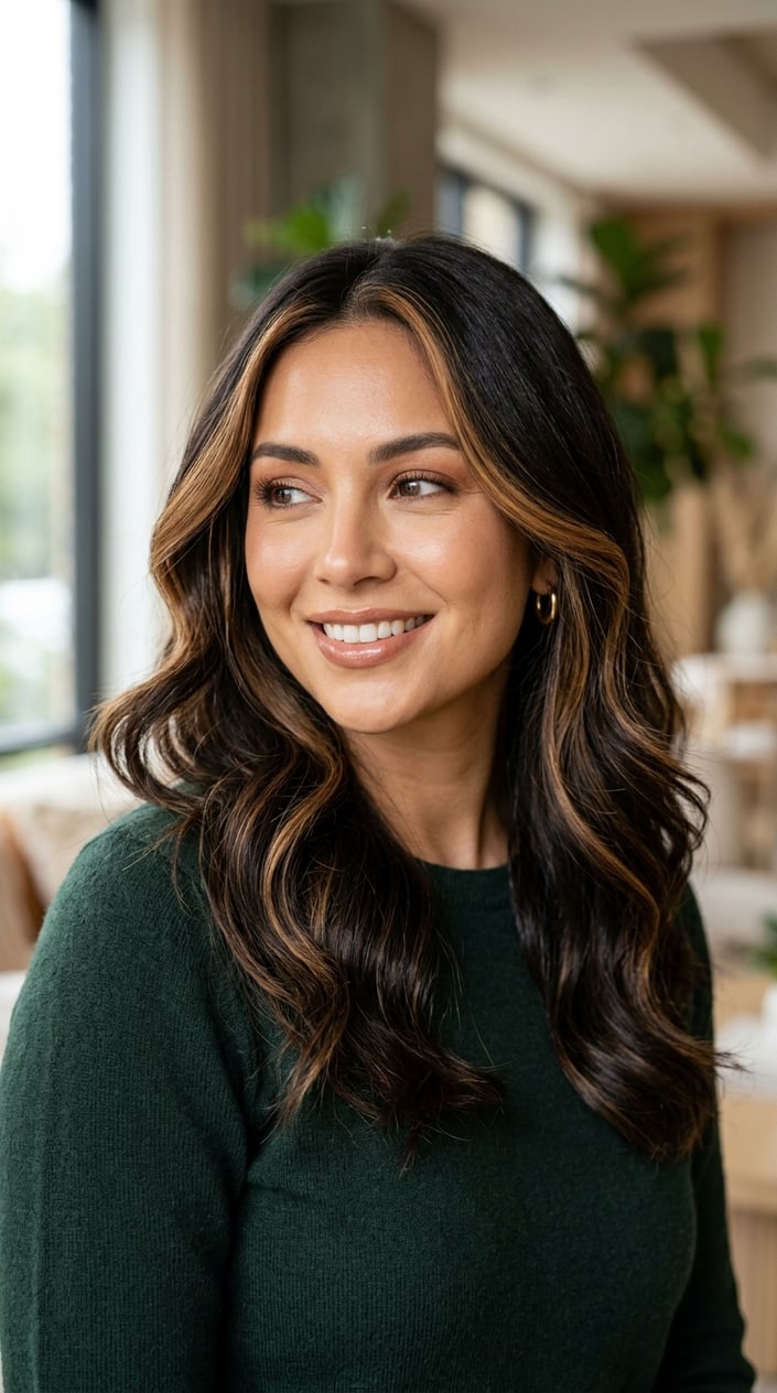 Close-up of a woman with espresso brown hair and caramel highlights smiling softly against a neutral background.