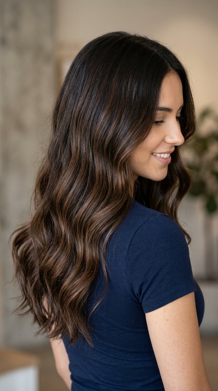 A woman with dark brown hair featuring soft espresso brown highlights in loose waves.