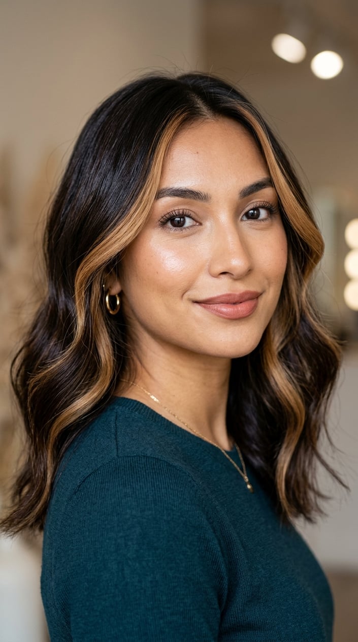 Close-up portrait of a woman with dark brown hair and caramel highlights framing her face.