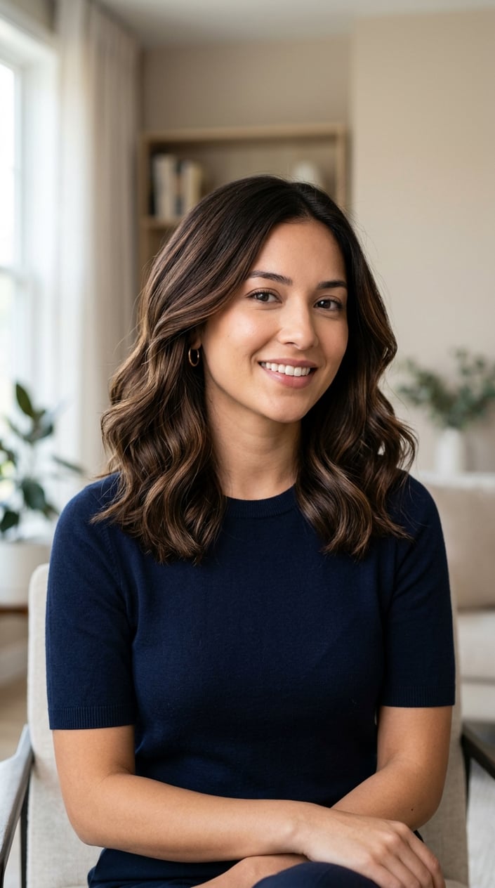 A woman with medium-length dark brown hair with lighter brown highlights, styled in soft waves, looking confidently at the camera.
