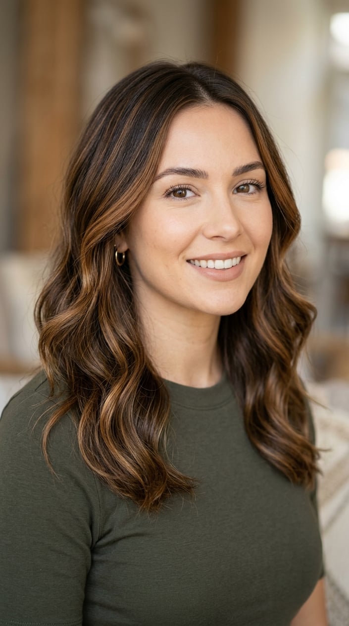 A woman with medium brown hair and caramel highlights styled in loose waves, shown from the shoulders up.