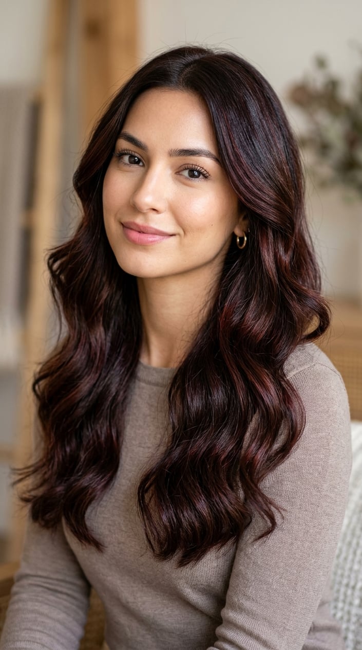 Close-up of a woman with dark brown hair featuring subtle reddish highlights, softly wavy and shiny.