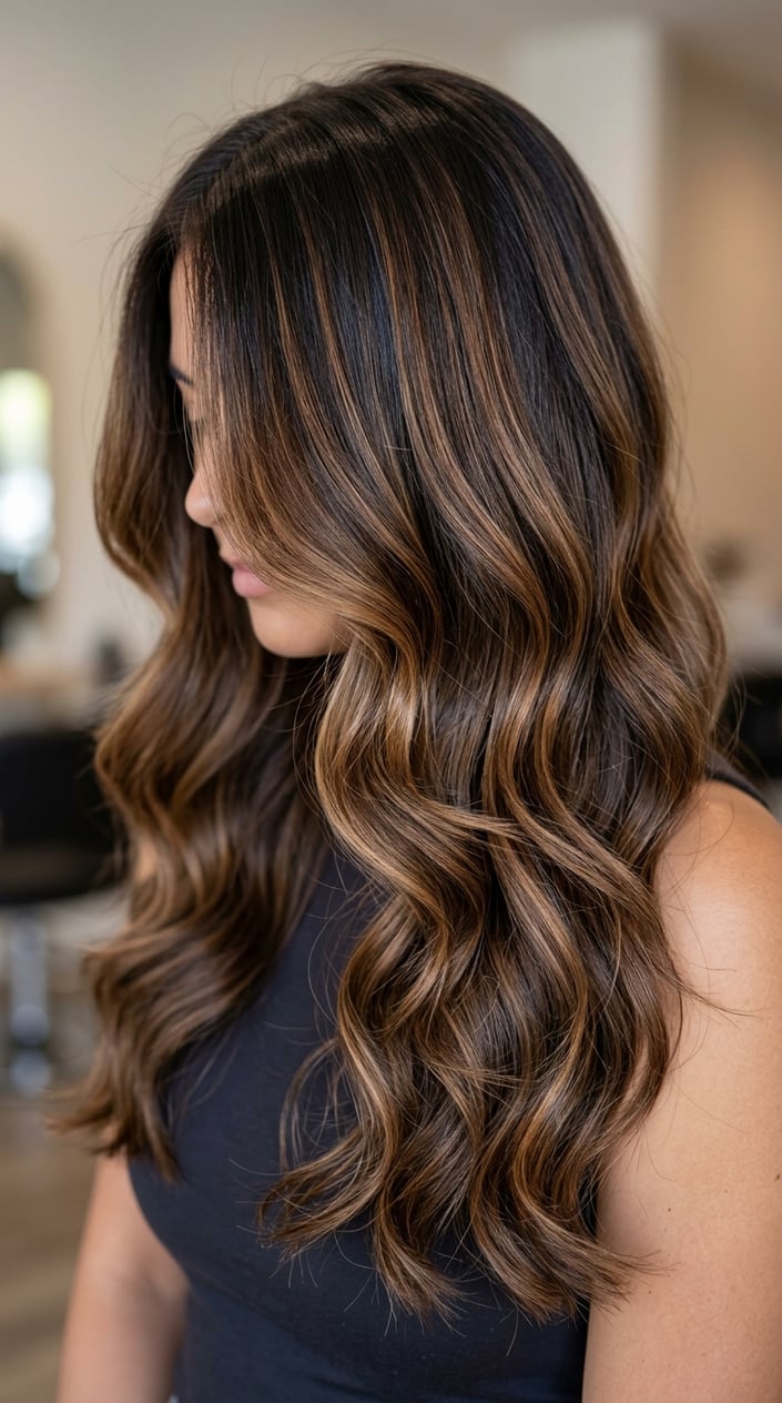 Close-up of long layered brunette hair with caramel highlights.