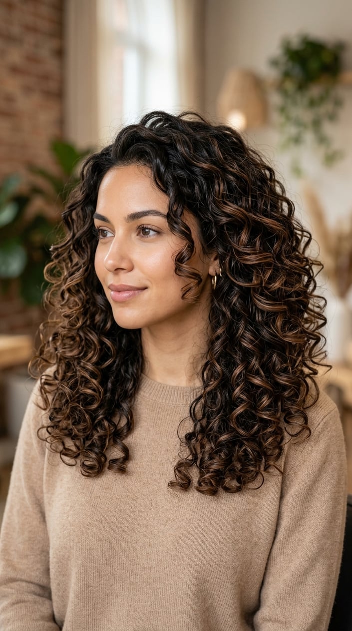 Close-up of a person with curly espresso brown hair featuring darker cocoa highlights, looking slightly to the side.