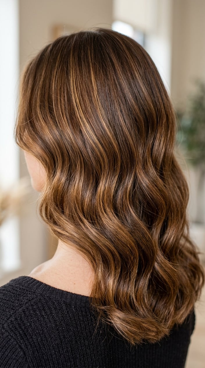 Close-up of a woman’s chestnut brown hair with golden caramel highlights styled in loose waves.