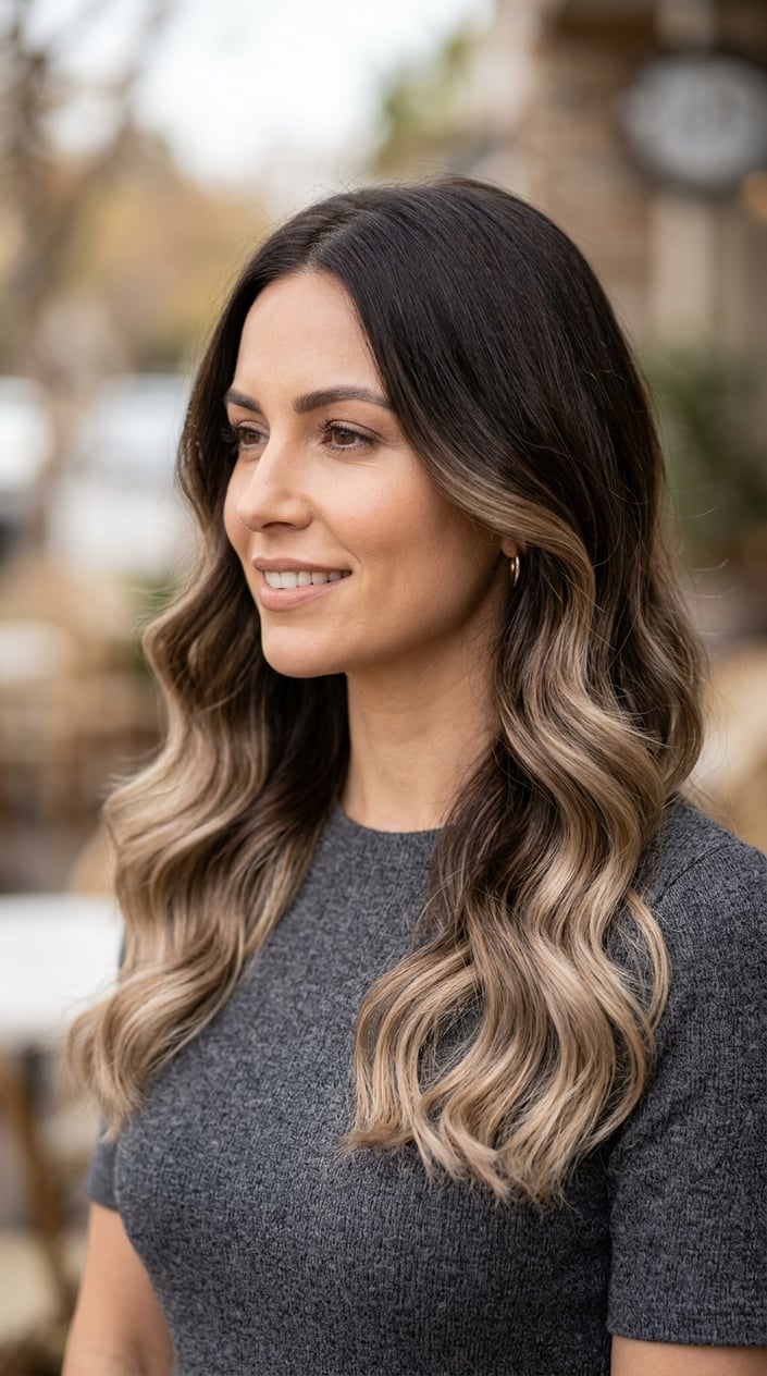 Close-up of a woman with smoky espresso brown hair fading into cool beige ends, styled in soft waves.