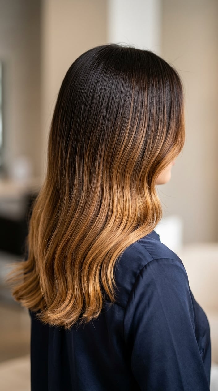Close-up of a woman's hair showing a smooth gradient from dark brown roots to honey and caramel colored ends.