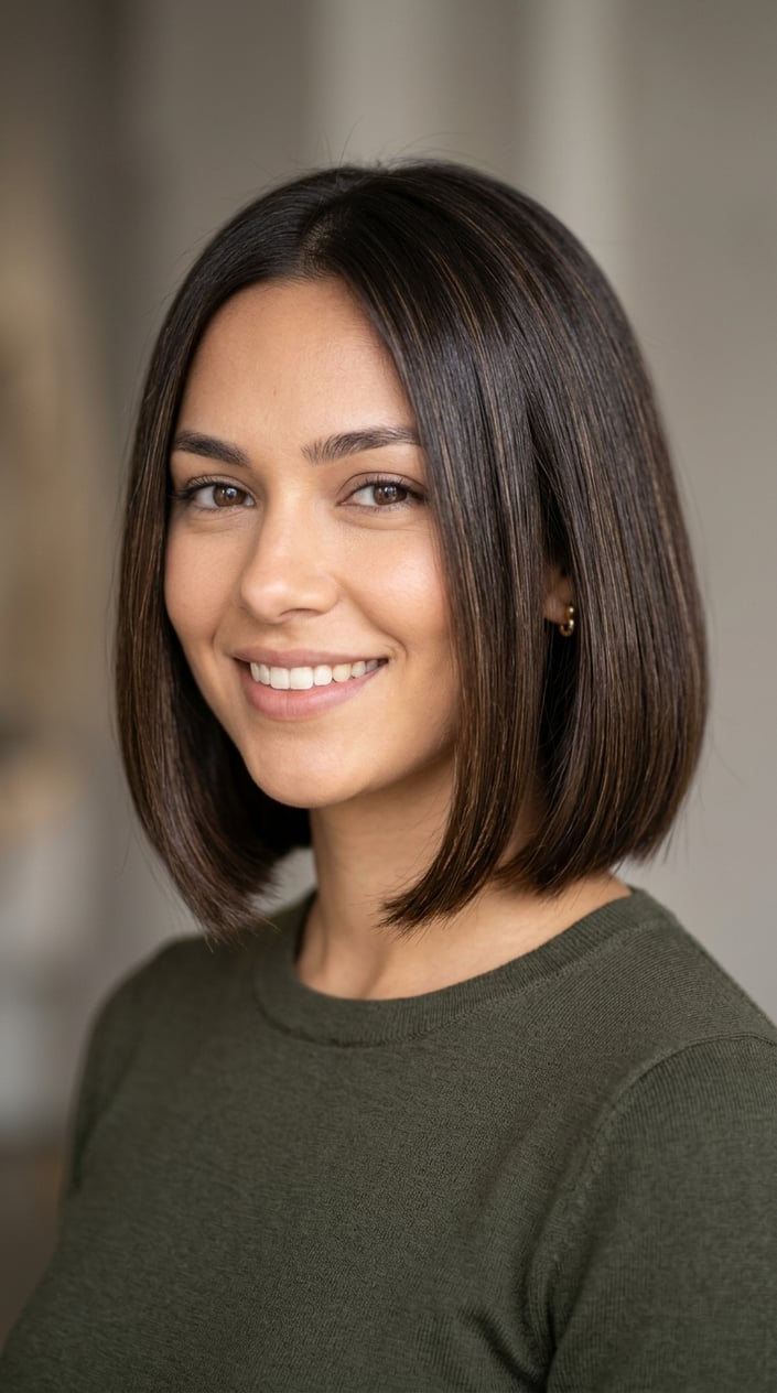 A woman with a shiny espresso brown bob haircut with subtle highlights, smiling softly against a neutral background.