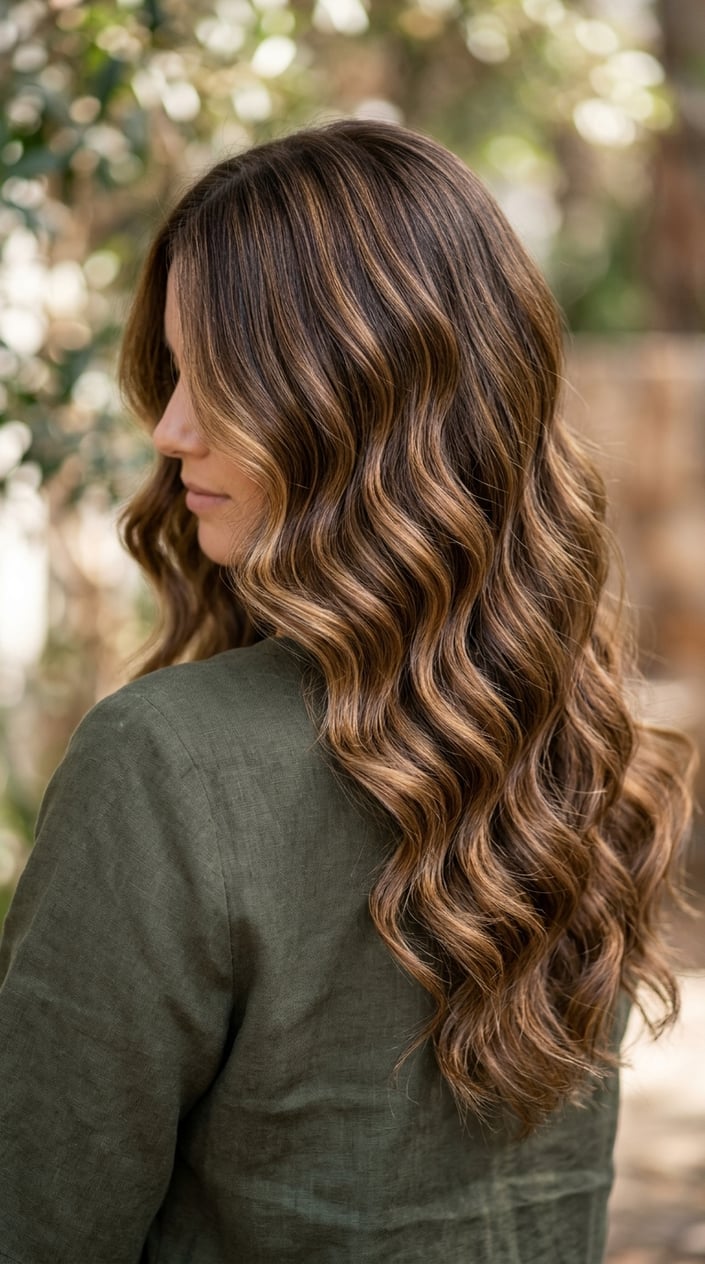 Close-up of a woman with wavy mocha brown hair featuring caramel highlights.