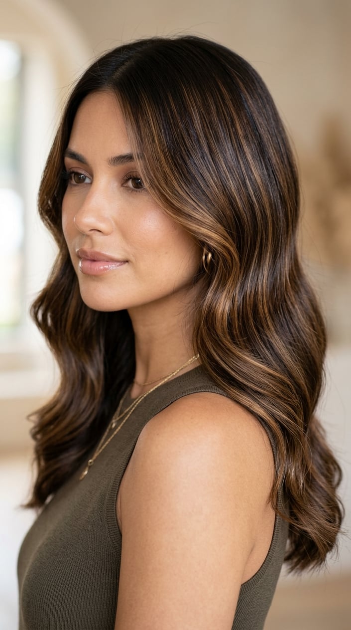 Close-up of a woman with rich brunette hair and warm caramel highlights.