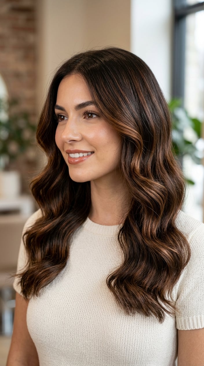 Close-up of a woman with warm espresso brown hair and chestnut highlights styled in soft waves.