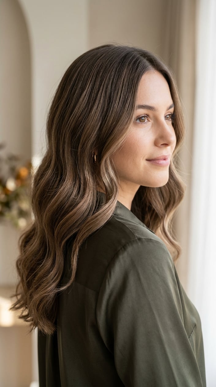 Close-up of a woman with ash brown hair and neutral caramel highlights styled in loose waves.