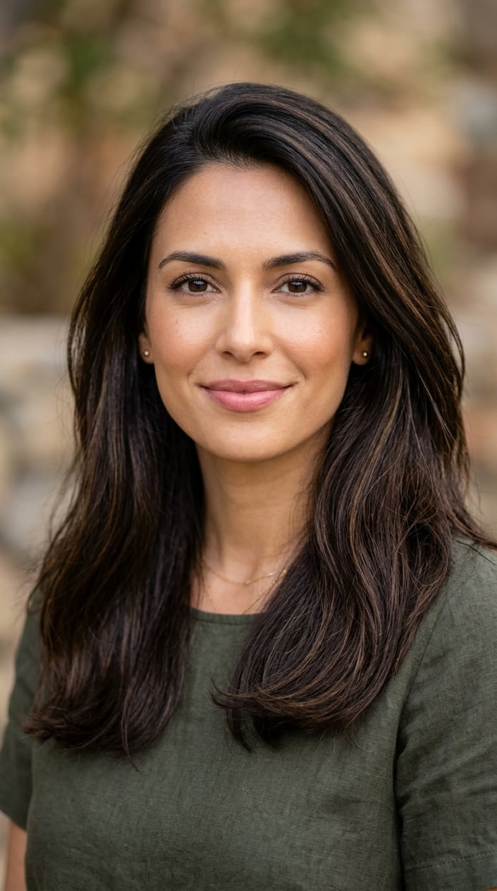 Close-up portrait of a woman with olive skin and dark brown hair, looking confidently at the camera.