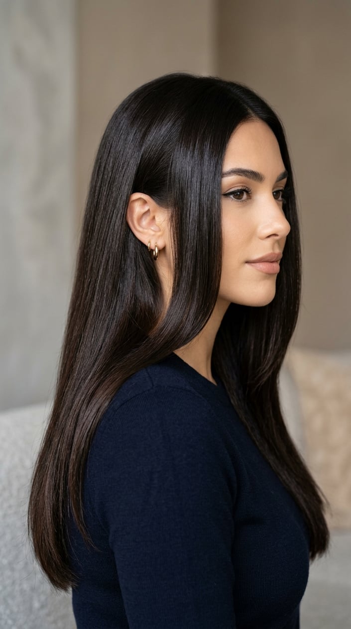 Close-up of a woman with long, smooth dark brown hair against a blurred background.
