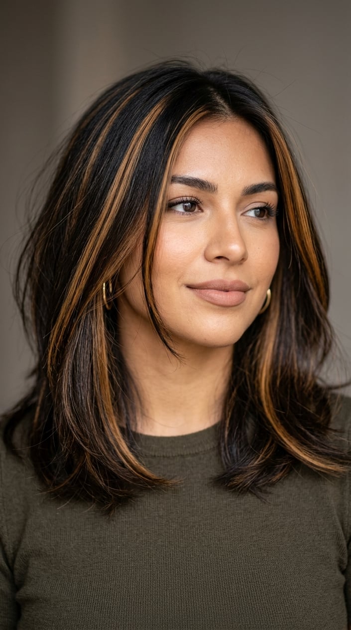 Close-up of a woman with dark brunette hair featuring chunky caramel highlights, looking slightly off-camera against a neutral background.
