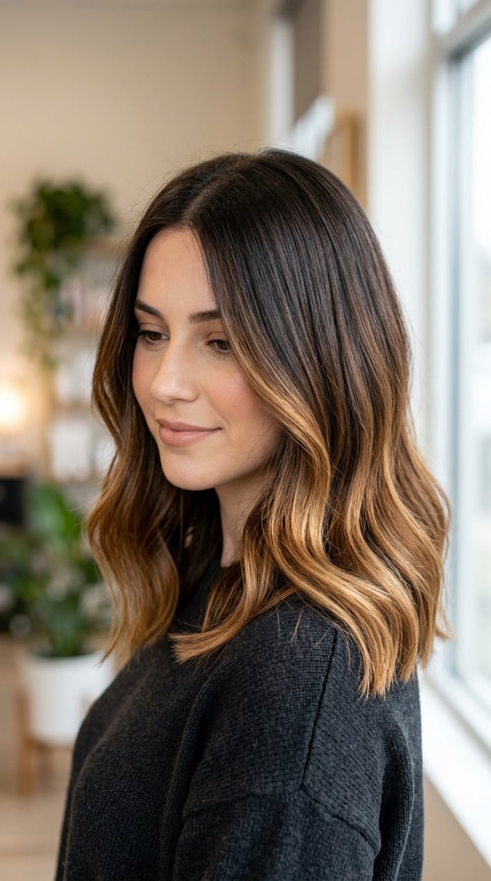 Close-up of a woman with dark brown hair styled in a lob with caramel-colored ends.