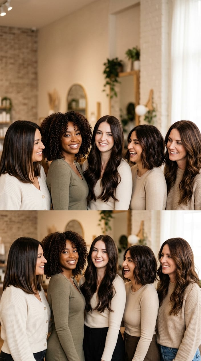 A group of women with different shades of espresso brown hair styled in various ways, shown in close-up portraits.