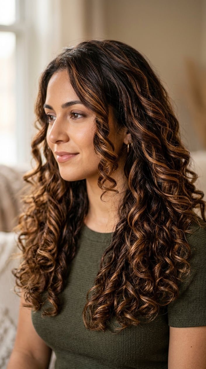 Close-up of a woman with curly brunette hair highlighted with cinnamon and caramel tones.