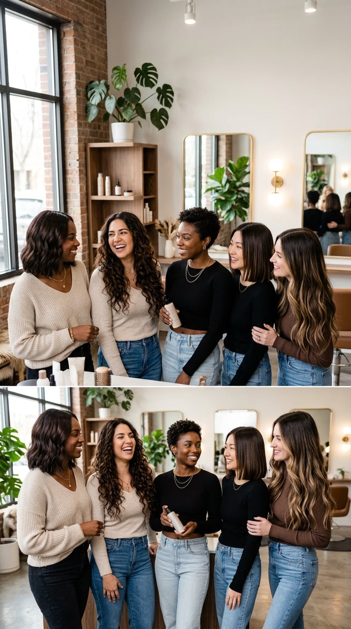A group of women with espresso brown hair styled in different ways, smiling and interacting in a modern salon.