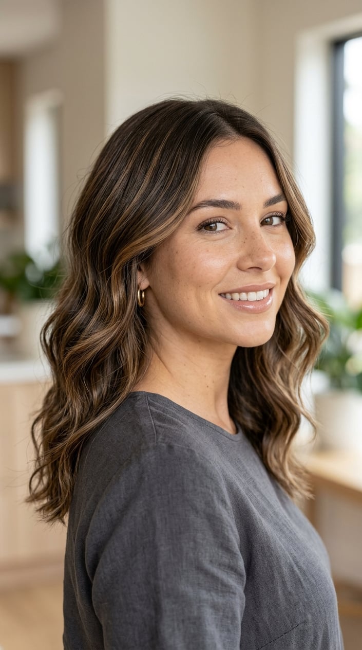 Close-up of a woman with brown hair featuring soft caramel highlights, styled in loose waves.