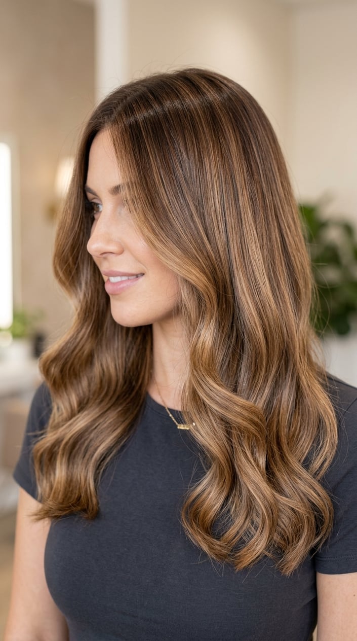 Close-up of a woman with light brunette hair featuring a smooth blend of caramel and brown tones.