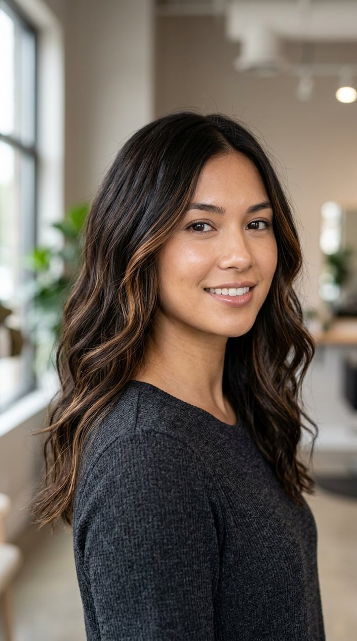 A woman with dark brunette hair and thin caramel highlights styled in loose waves, shown from the shoulders up against a neutral background.