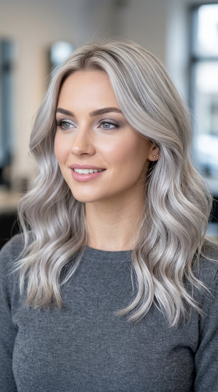 Close-up of a woman with wavy icy pearl ash blonde hair against a softly blurred neutral background.