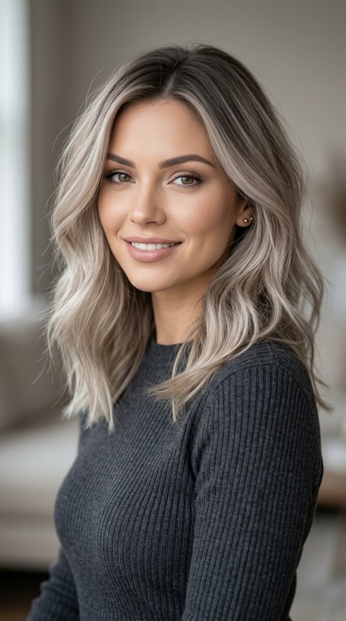 Close-up portrait of a woman with smoky rooted ash blonde hair, looking slightly to the side against a blurred background.
