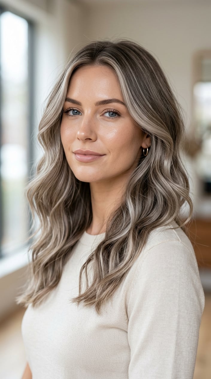 Close-up of a woman with wavy ash blonde and mushroom brown hair, looking slightly to the side against a neutral background.