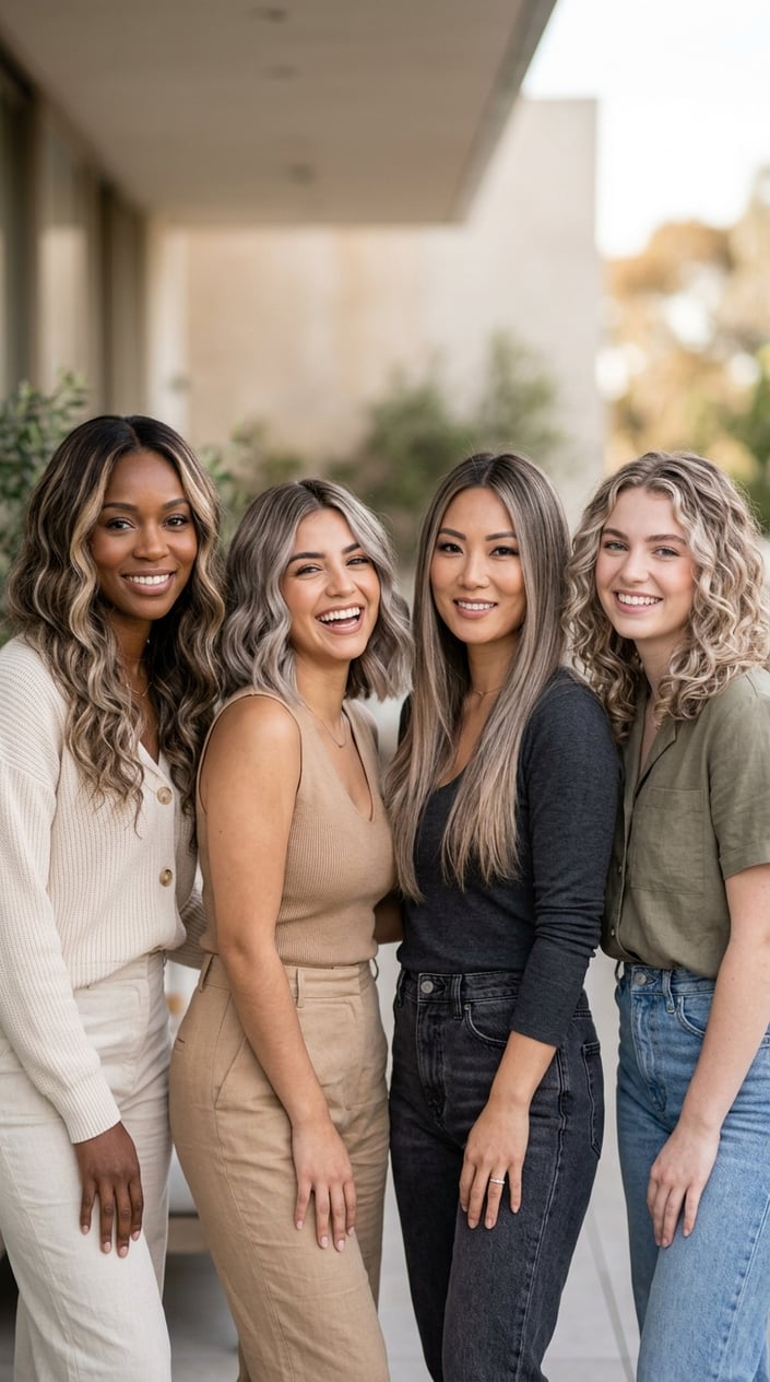 A group of women with different hairstyles featuring beige ash blonde highlights, shown in close-up and mid-shot views.