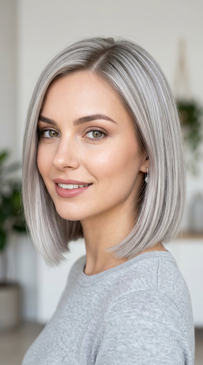 Close-up portrait of a woman with a silver ash blonde bob haircut against a light background.