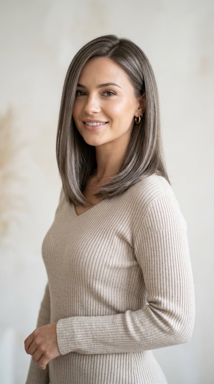 Woman with dark ash blonde shoulder-length hair smiling against a plain background.