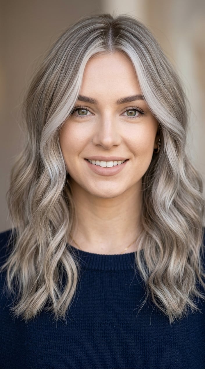 Close-up of a woman with ash blonde hair featuring lighter strands framing her face.