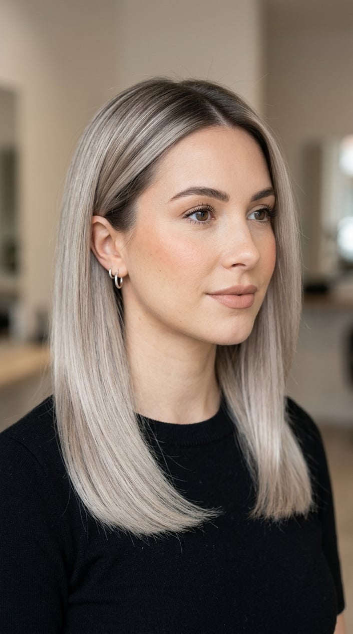 Close-up portrait of a woman with cool ash blonde hair featuring darker roots and light ends.