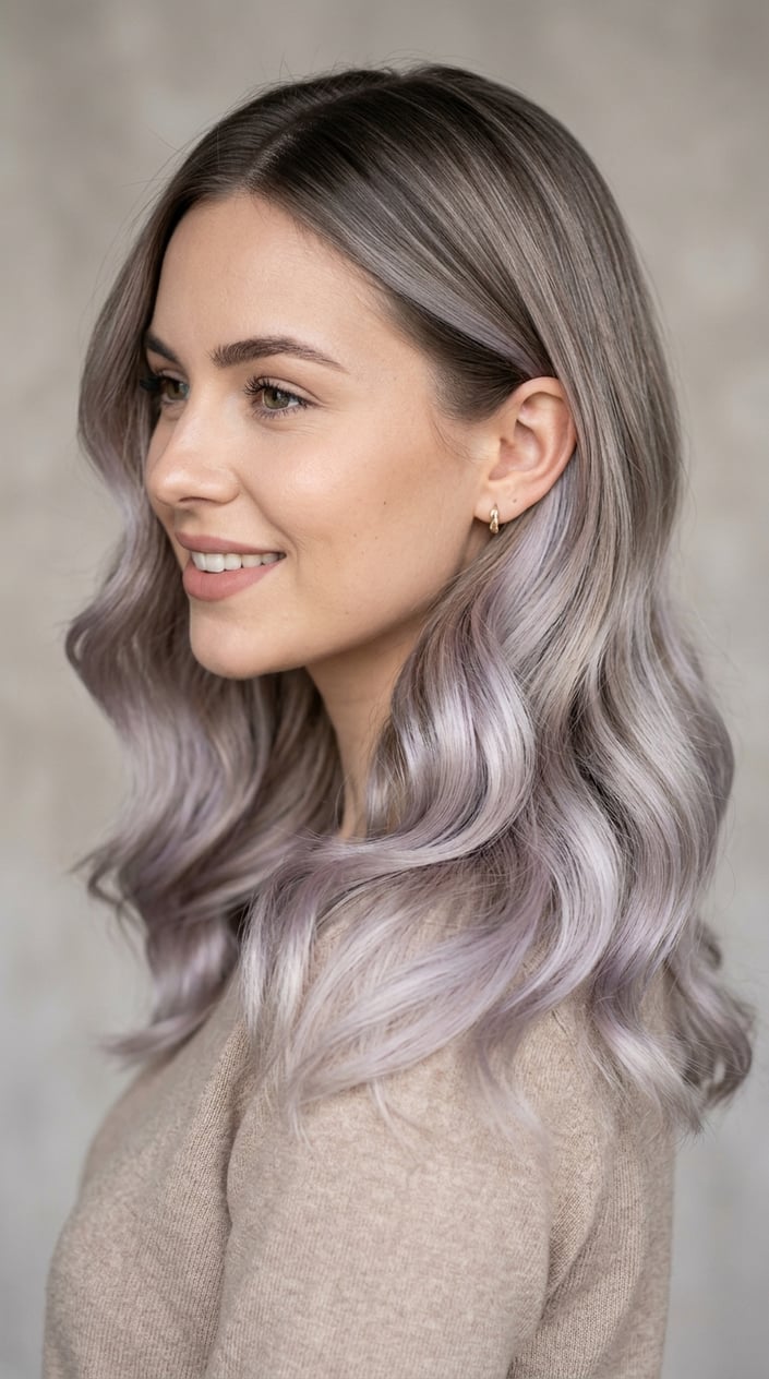 Close-up of a woman with ash blonde ombré hair showing a smooth color transition from dark roots to light blonde ends.