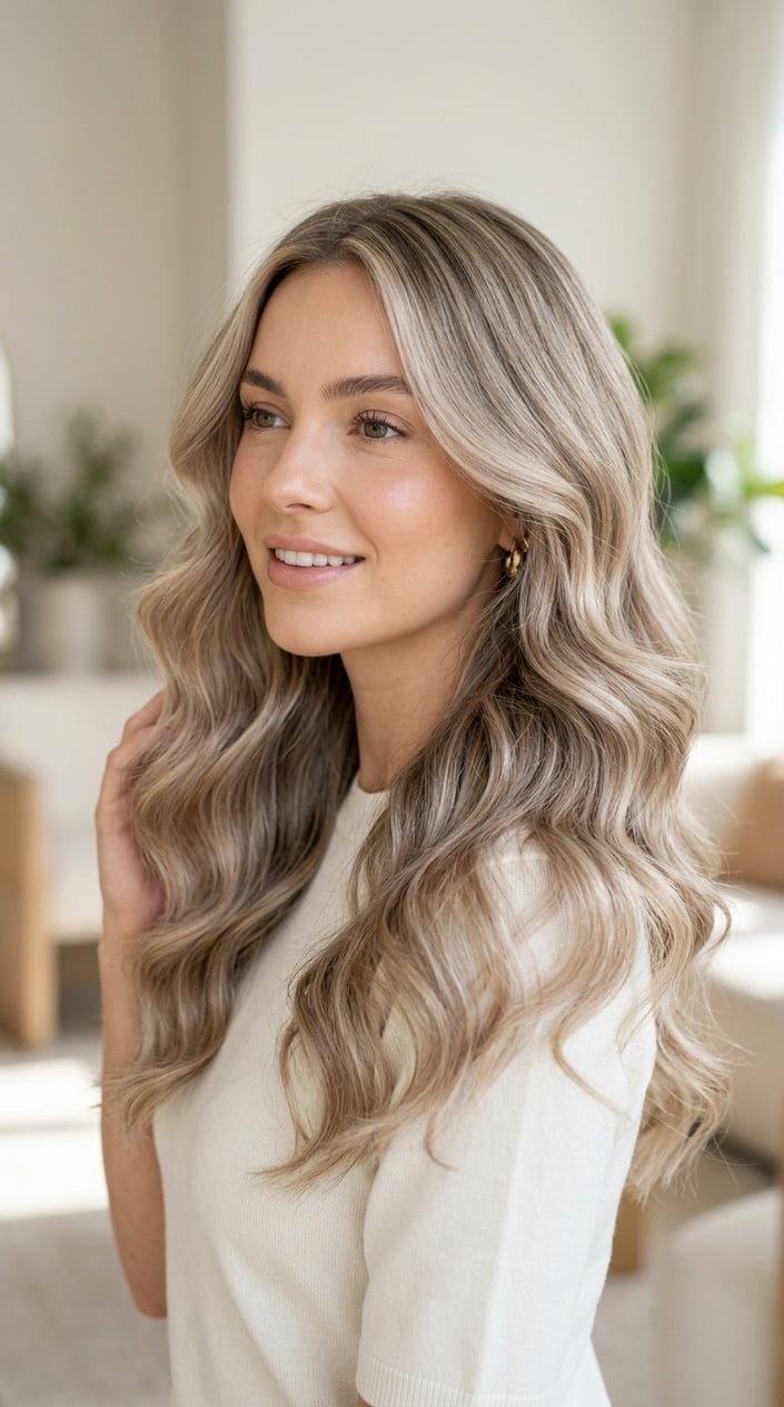 Close-up of a woman with soft wavy ash blonde hair and a calm expression against a blurred neutral background.