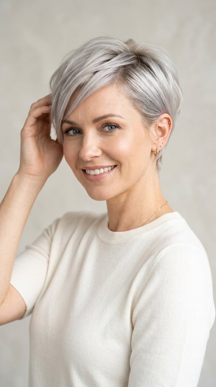 A woman with a platinum ash blonde pixie haircut posing against a neutral background.